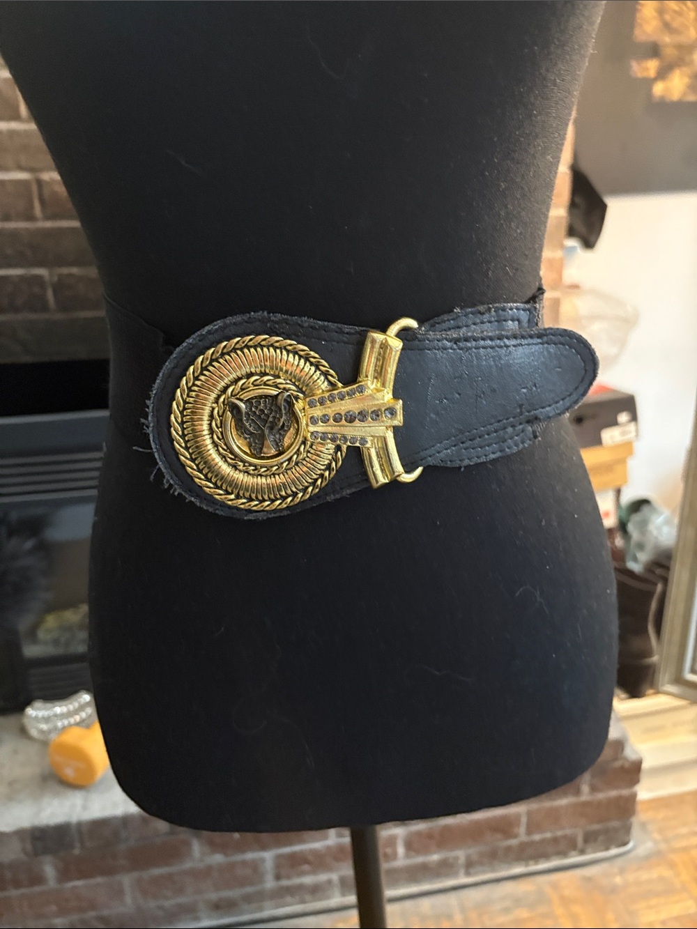 Zara Black Leather Belt with Gold Decorative Medallion Buckle